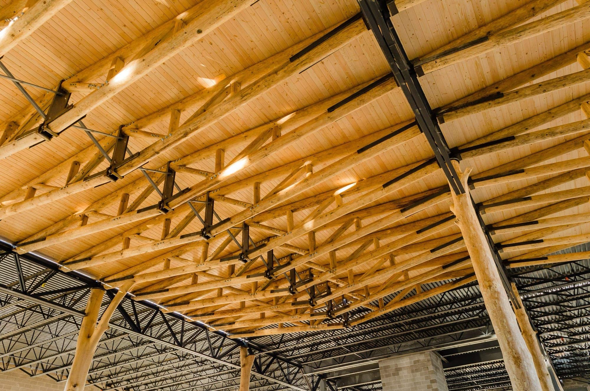 Round timber columns and trusses at Festival Foods Grocery Store in Wisconsin
