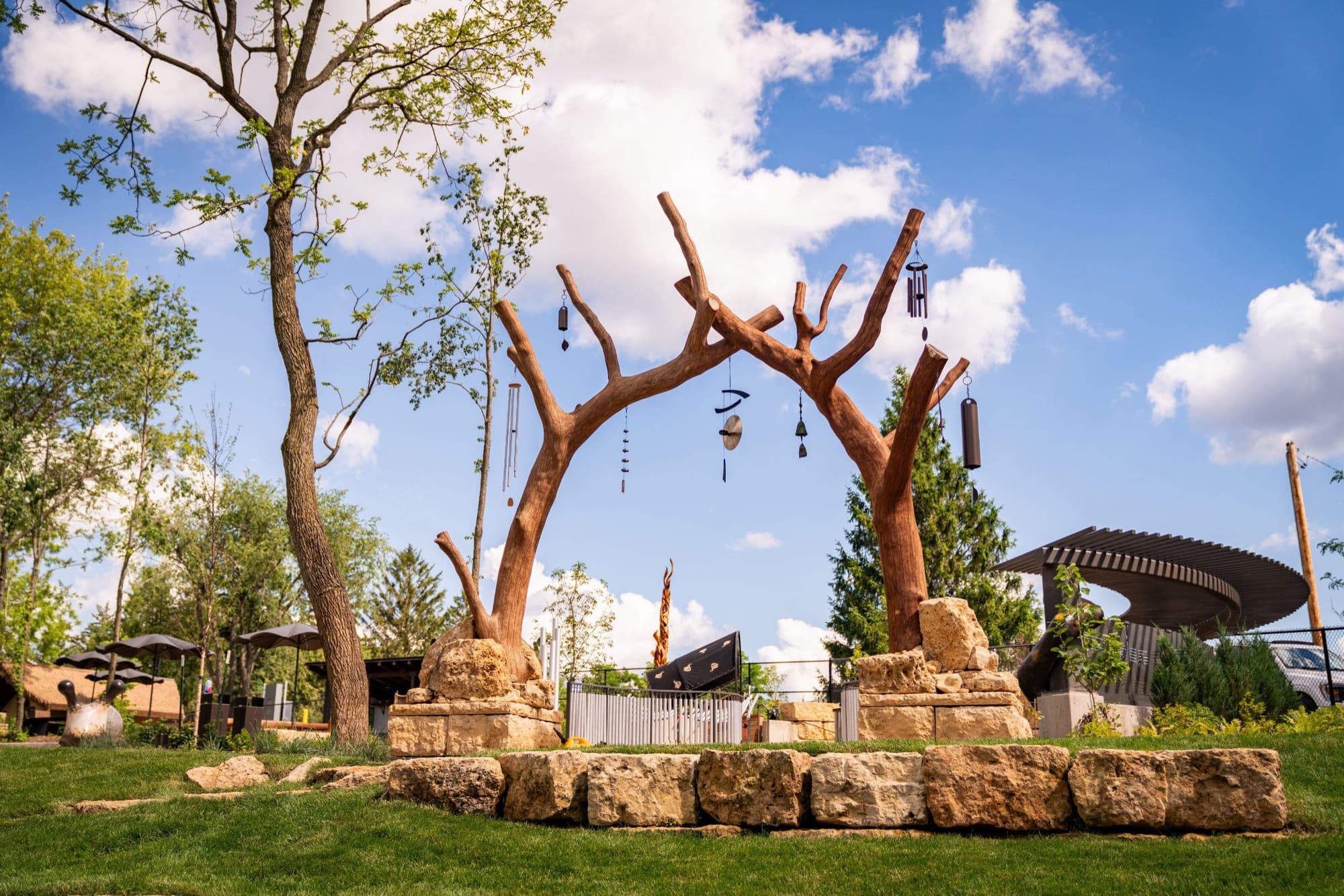 Arched white-oak columns at Wanderwood Gardens in Iowa