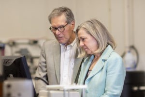 Bob White and Pam Cowan visit their production facility in Colchester. In 2016, Pulmac developed the FiberRouterTM, a data and equipment system that allows mills to produce paper using 30 percent less raw material by removing weaker fibers from the pulp. Photo by Erica Houskeeper.